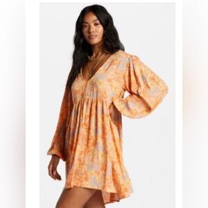 Billabong Vibrant Orange Floral Long Sleeve Dress